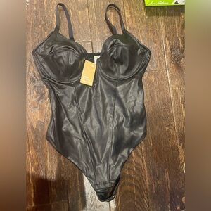 Popilush , shaper thong bodysuit , black faux leather